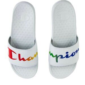 CHAMPION Super Slide Split Script White Rainbow Womens Slide Sandals 10 or 11